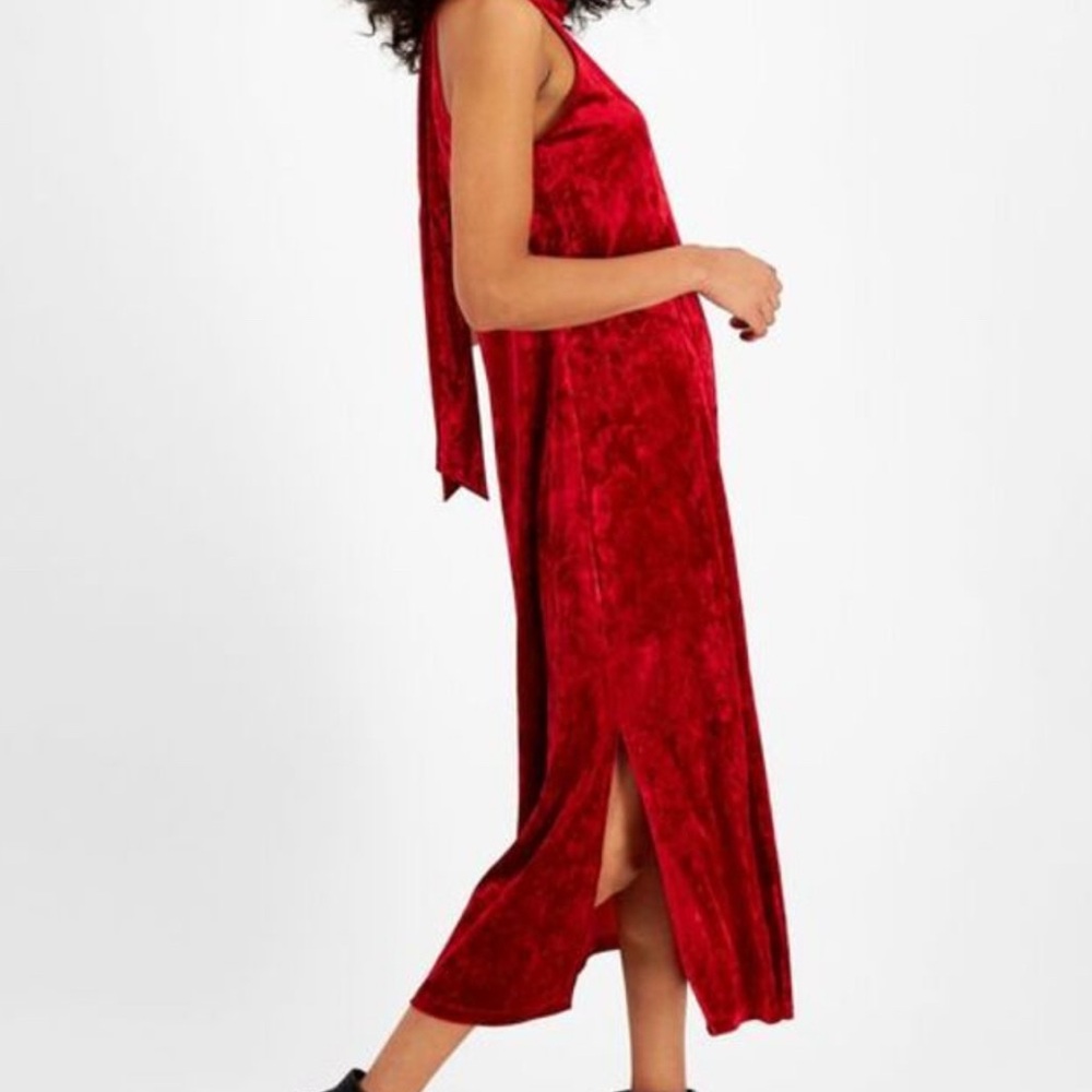 BAR III 3 crushed Red Velvet halter neck maxi Homecoming Dress back scarf tie